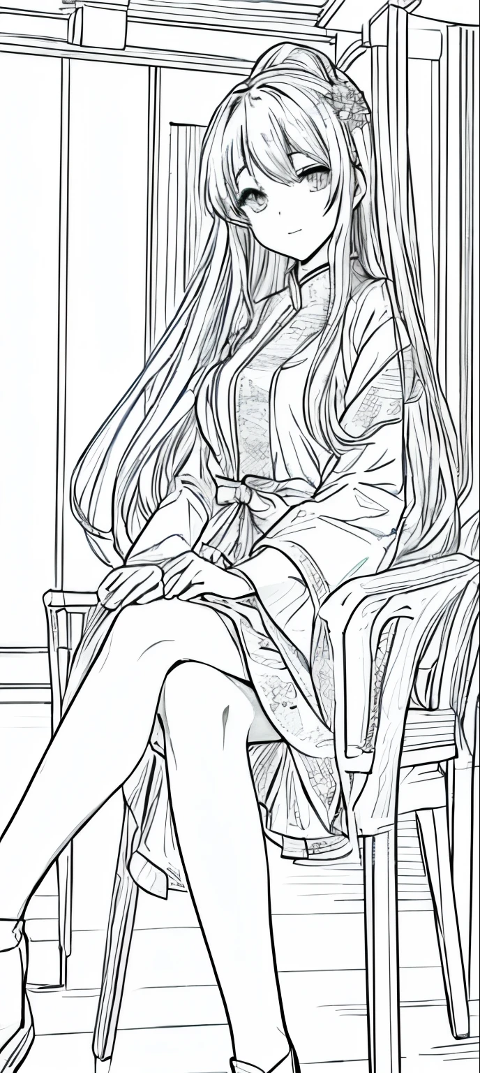 Close up of a girl sitting on a chair, Line Drawing!!, cartoon素描, Line Drawing, cartoon, an cartoon, Clear clothing design, style, How to draw anime, Wear clothes, Outlined, cartoonstyle, Full body picture, traditional style, 穿着漂亮裙子的可爱cartoon女孩, full body figure painting