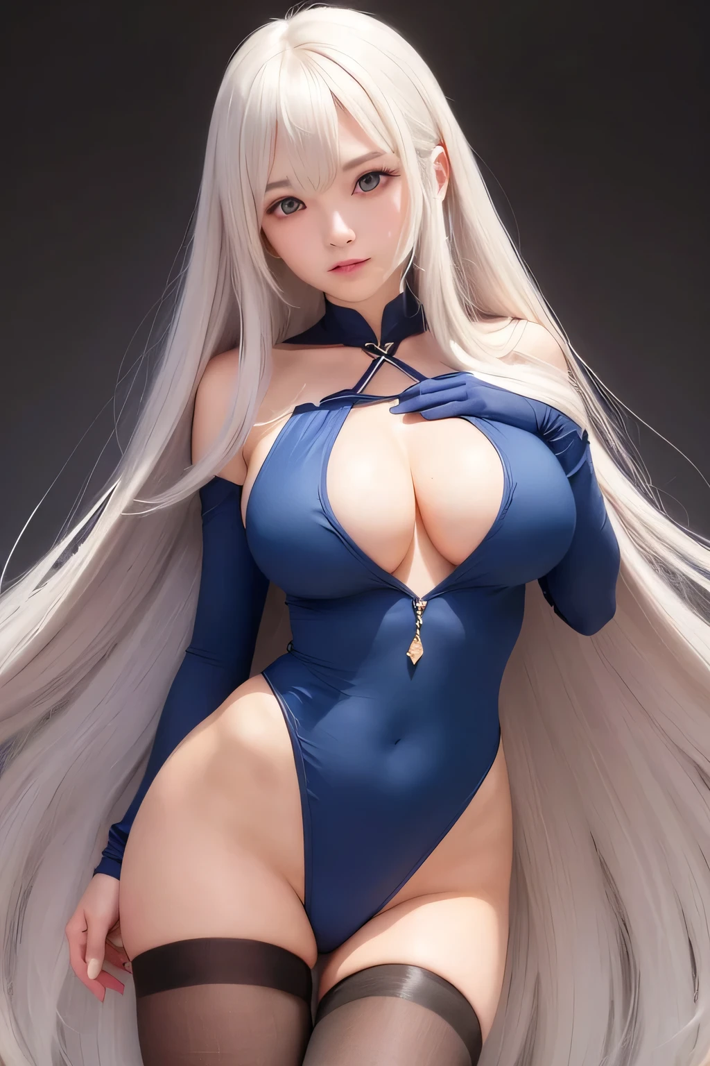 1 female、Very large breasts、Bursting breasts、Long Hair、Straight Hair、Bangs、High leg cut、Blue leotard、Matte material、Black Pantyhose