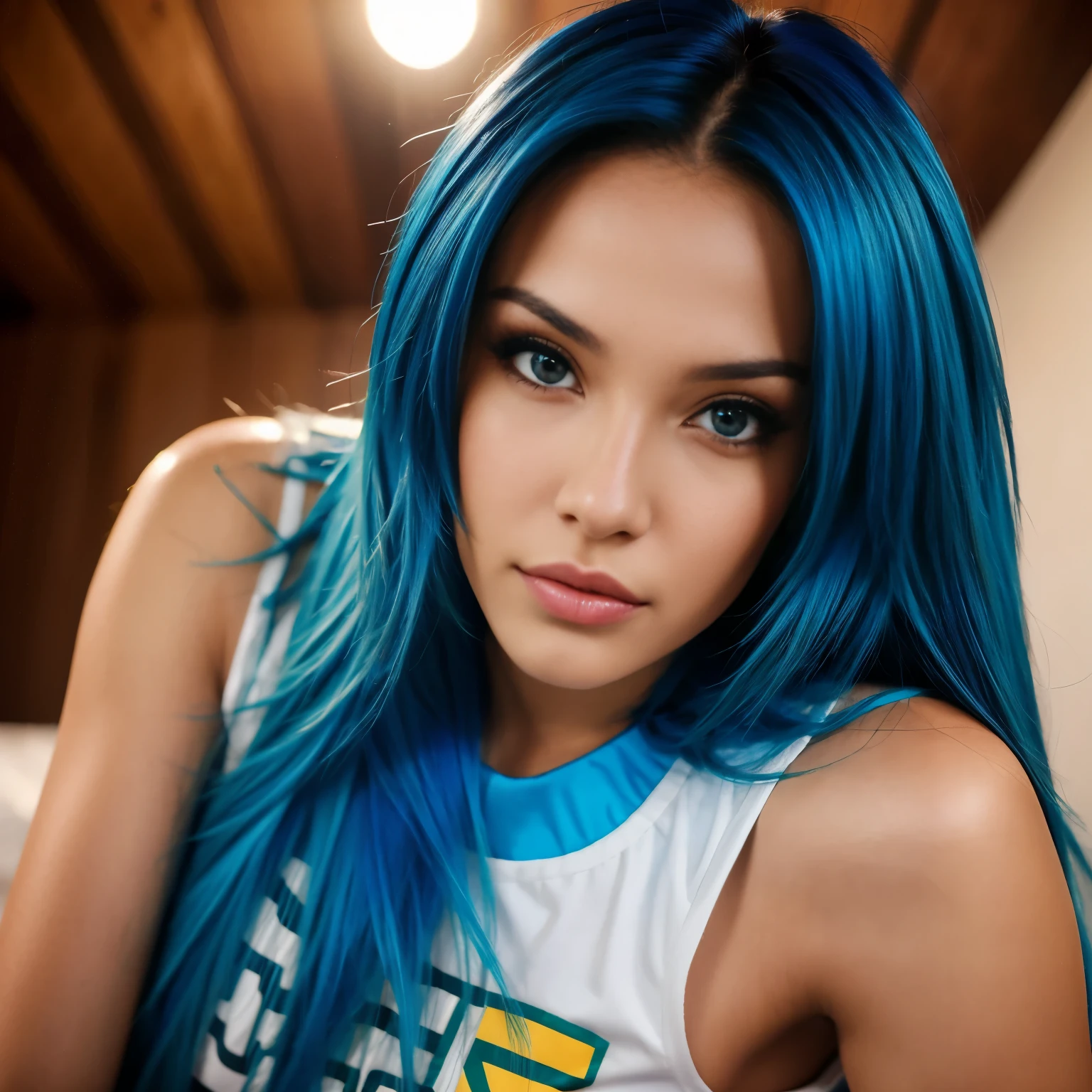 Chica hermosa, Brazilian model, 21-year-old, electric blue hair model, mirando a la camara, mujer de rostro hermoso, mujer de cabello largo,