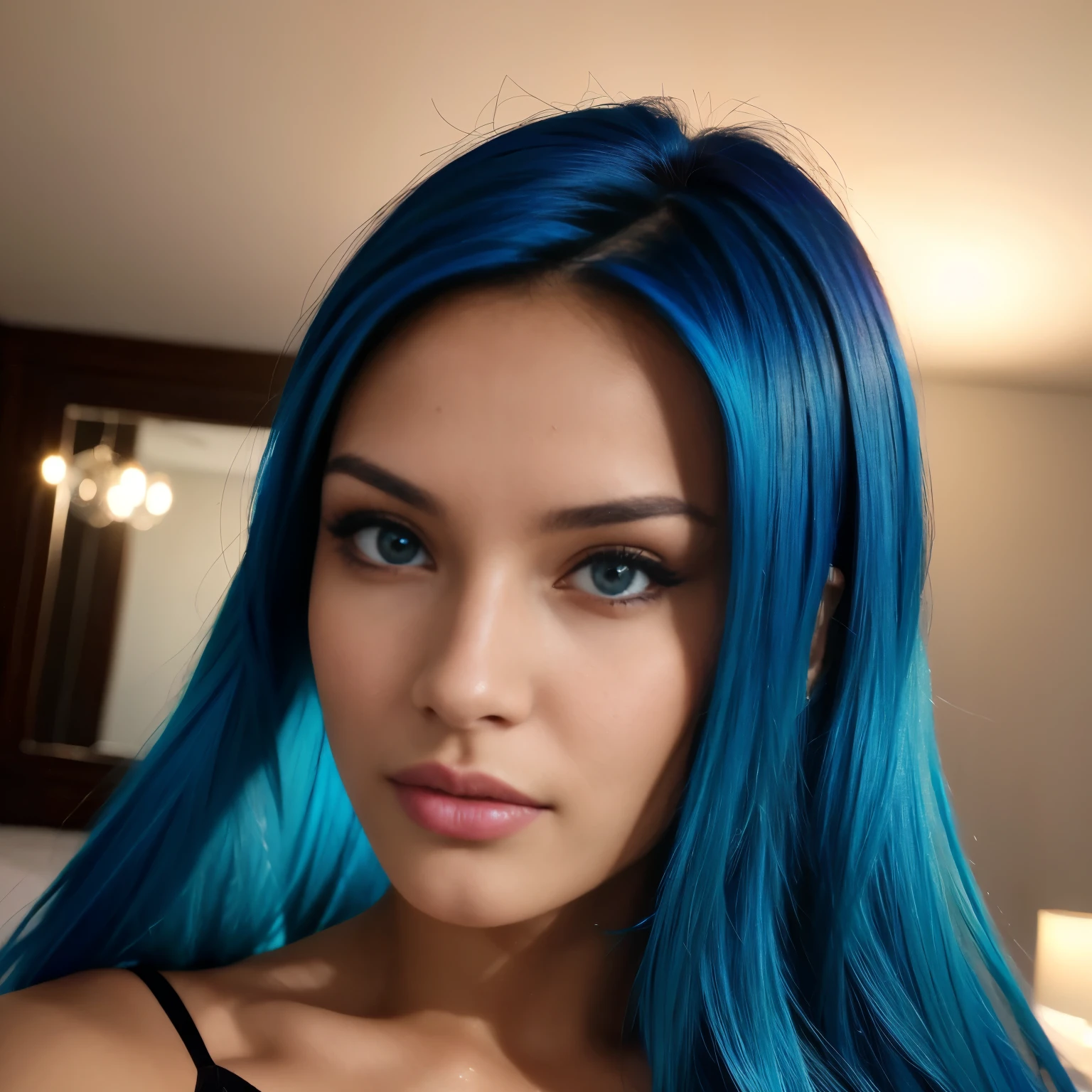 Chica hermosa, Brazilian model, 21-year-old, electric blue hair model, mirando a la camara, mujer de rostro hermoso, mujer de cabello largo, 