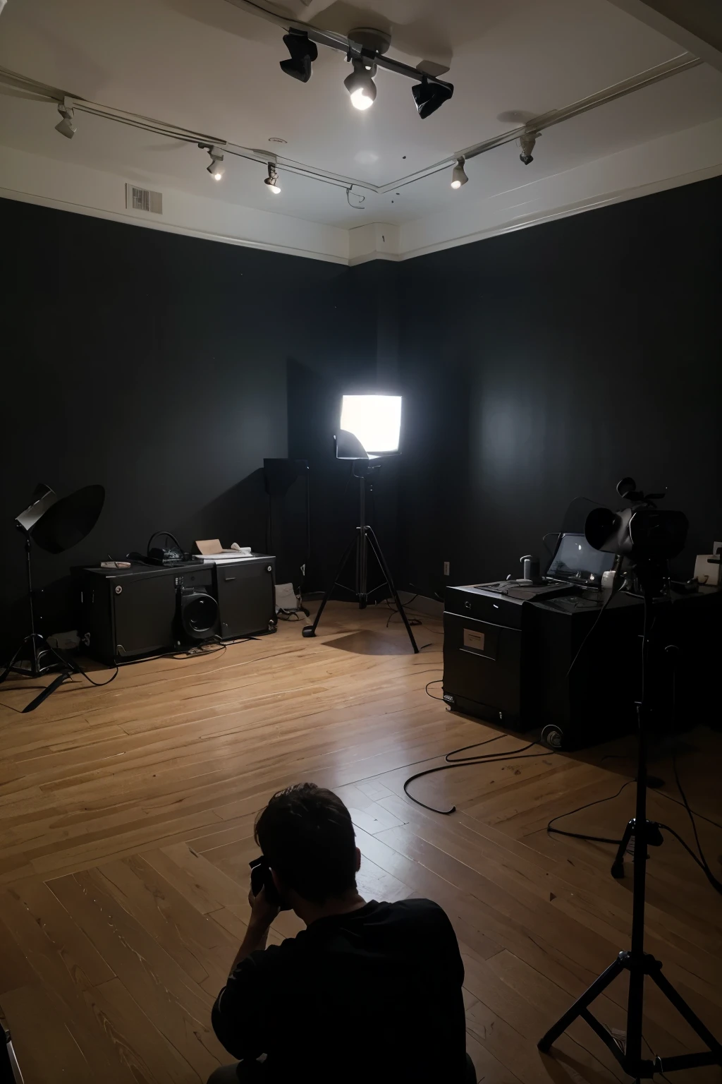 I want you to create a realistic video recording scenario with black walls with studio luiz