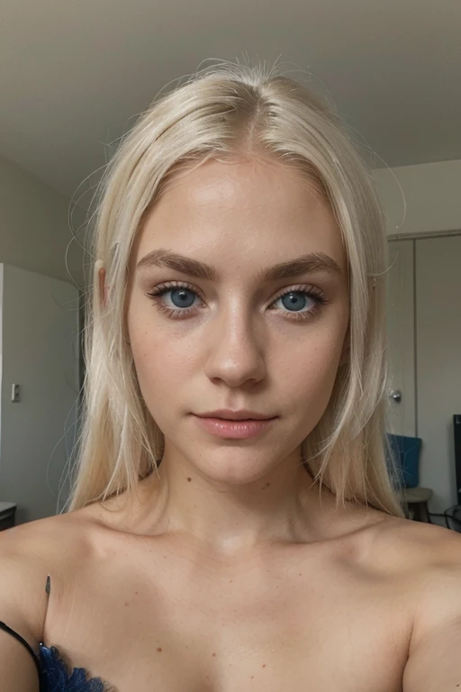 white northerner with platinum blonde hair, platinum subtle natural eyebrows and blue eyes. No make up, selfie in the room. super realistic and detailed