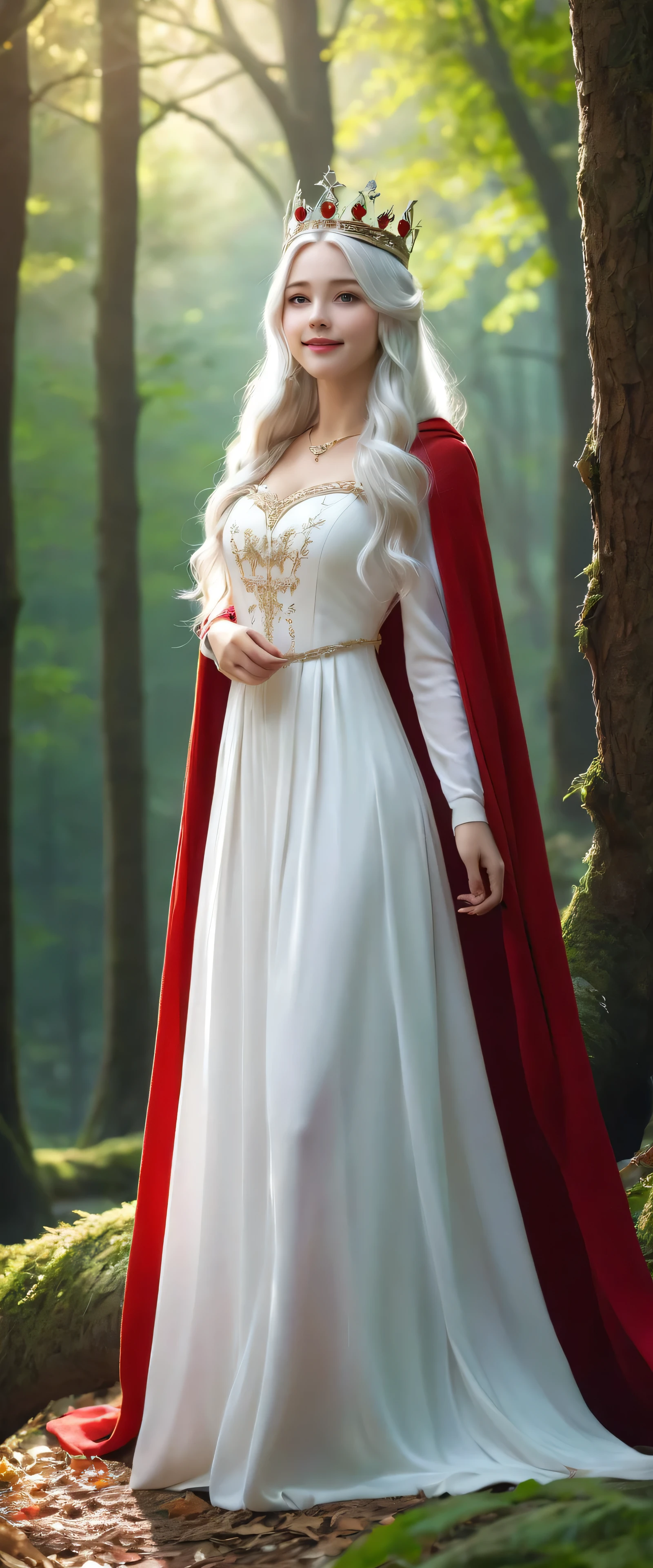 Grateful girl, white long hairs, with white dress and red cloak, the crown in the head, stand in the forest waiting someon, she is very kind, she have sweety smile, full body, high quality, high details, artistic style, respectful attitudeextremely detailed) CG unity, 8k wallpaper, (cinematic angle), perfectly designed.