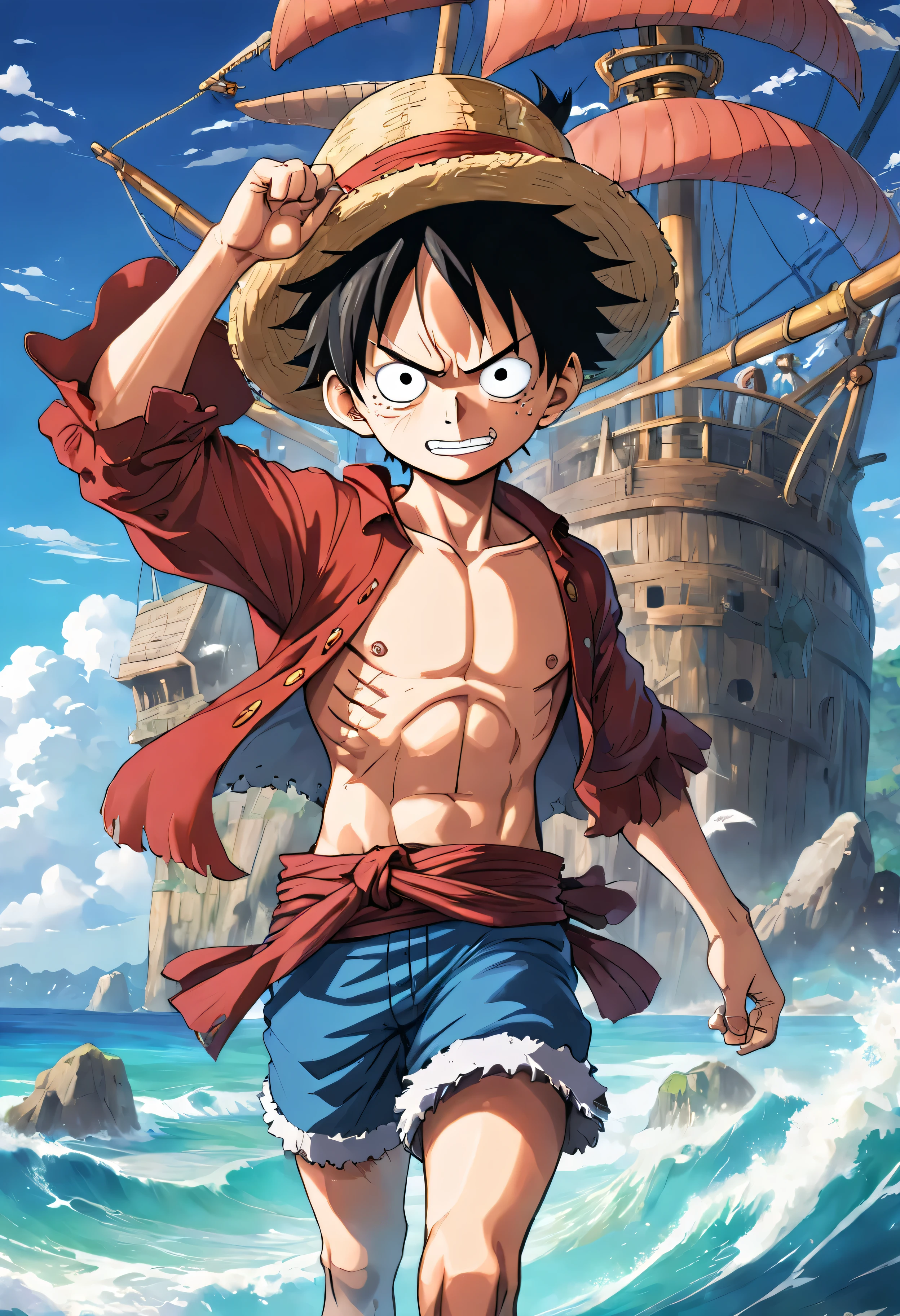 uma arte detalhada de Luffy como rei dos piratas, One Piece, 4k, corpo inteiro, inspirado em Eiichiro Oda, Estilo de Arte One Piece, arte de anime limpa e detalhada, estilo de desenho hiper-realista, island background with various treasures close up.