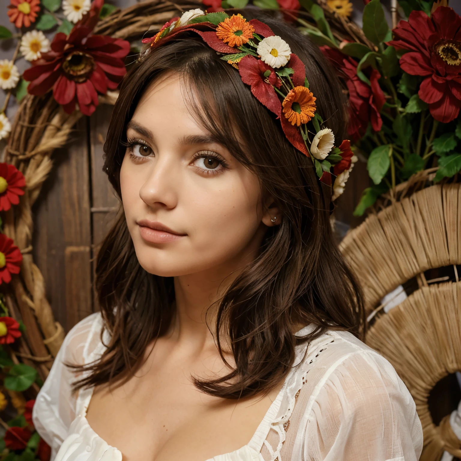 medium dark brown hair, olhos castanhos, vestindo vestido de festa junina comendo pipoca