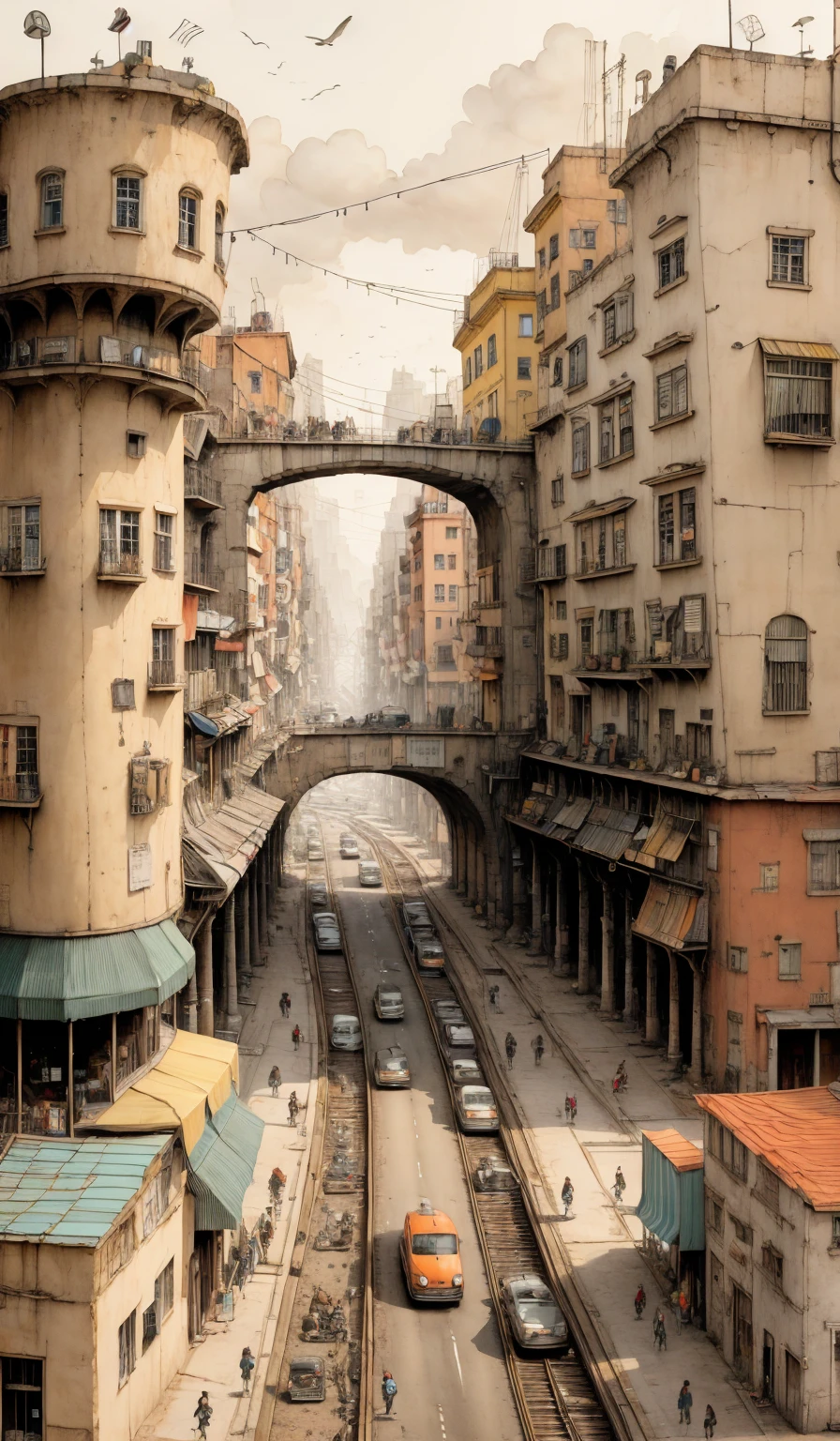 plano general, ((Obra maestra)),((mejor calidad)),((alto detalle)),((realista,)) Ciudad de la era industrial, Deep canyons in the middle, architectural streets, bazares, puentes, rainy days, steampunk, arquitectura europea, dramatic lighting, sombras intensas, textura arenosa, tall contrast, Colores vibrantes, dynamic pose