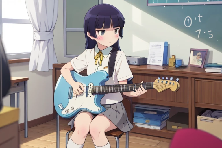 highest quality, Very detailed, figure,
School, music room, Brass band、Old Chair、musical instrument, Electric guitar,
(gokou ruri), One girl, alone, Black socks, Short sleeve,  Grey Skirt, Medium skirt, Box Pleat Skirt, Hime cut, tuck in, Collared shirt, Yellow ribbon, blue eyes, plain attire