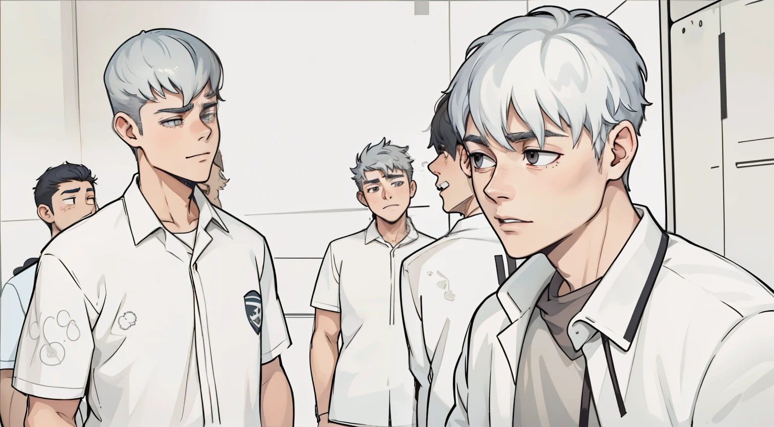 two male students of , gray hair, gray eyes, are arguing.