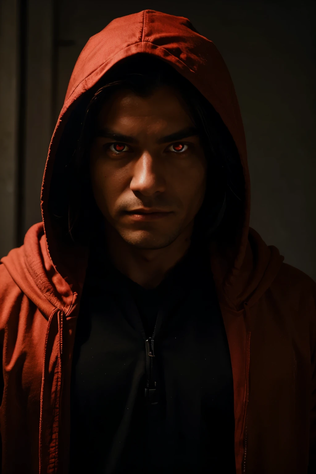 Man with hood glowing red eyes