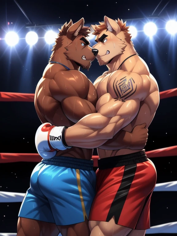 Duo male fighters(Brown Dog vs Brown Dog, handsomes, perfect eyes, Thick eyebrows), beso gay(They are hugging around his necks after of finish a boxing match, side to side), hot(Full body, Shirtless), handsomes(They are handsomes, correct anatomy), musculosos(Big muscle bodies, Six packs, muscle abs, big pecs, muscle legs, muscle backs), sweaty(very sweaty wet bodies, shiny sweat), tatuajes(they have tattoos), Angry(They have an sexy angry expression), Boxing gloves(They both are wearing boxing gloves), Shorts(They are wearing black boxing shorts), Hight resolution