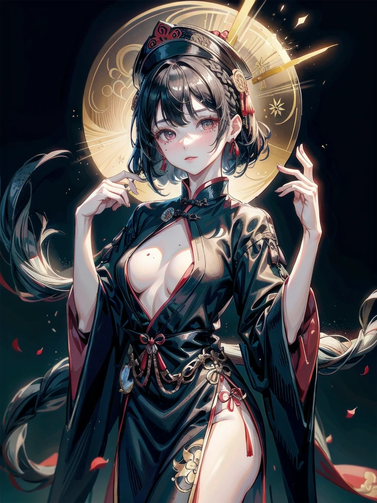 cemetery, dress, braid, chinese clothes, headwear, ofuda, jiangshi, qing guanmao, ofuda, night, small moon, absurdres, RAW photo, extremely delicate and beautiful, masterpiece, Best Quality, ultra high resolution, 32k, hyperrealistic, ultra-detailed, detailed description, pale skin, 20 years old, tearful mole, earring, Colossal tits, short medium hair, wavy hair, whole body shot,