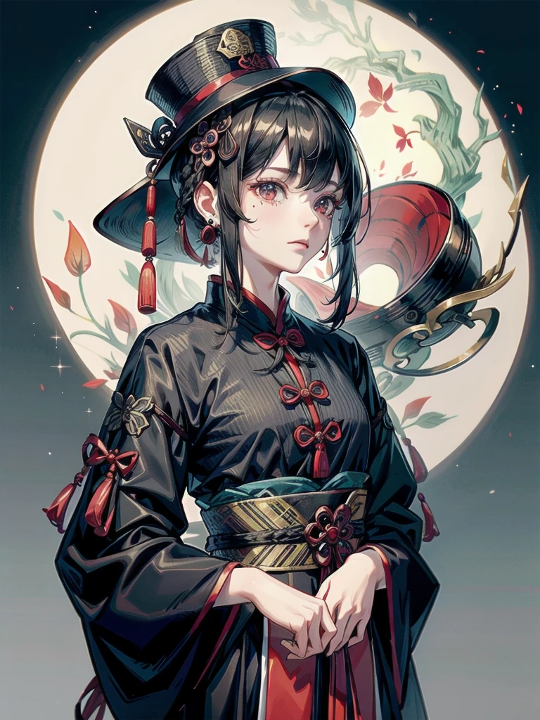 cemetery, dress, braid, chinese clothes, headwear, ofuda, jiangshi, qing guanmao, ofuda, night, small moon, absurdres, RAW photo, extremely delicate and beautiful, masterpiece, Best Quality, ultra high resolution, 32k, hyperrealistic, ultra-detailed, detailed description, pale skin, 20 years old, tearful mole, earring, Colossal tits, short medium hair, wavy hair, whole body shot,