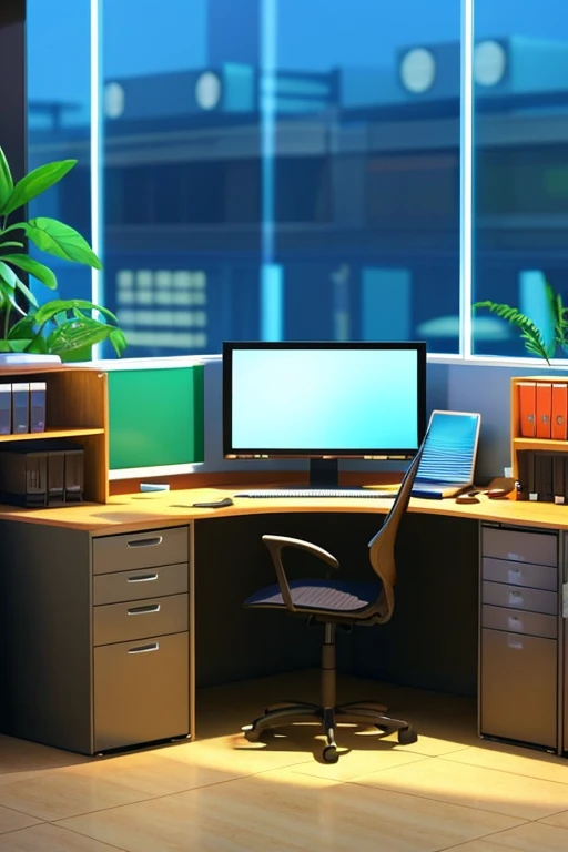 there is a computer on a desk in an office with a window, office background, corner office background, interior background art, open window ib background, personal room background, background art, animation style render, background artwork, classroom background, animation illustrative style, corporate animation style, office cubicle background, random background scene, anime background art, animation still