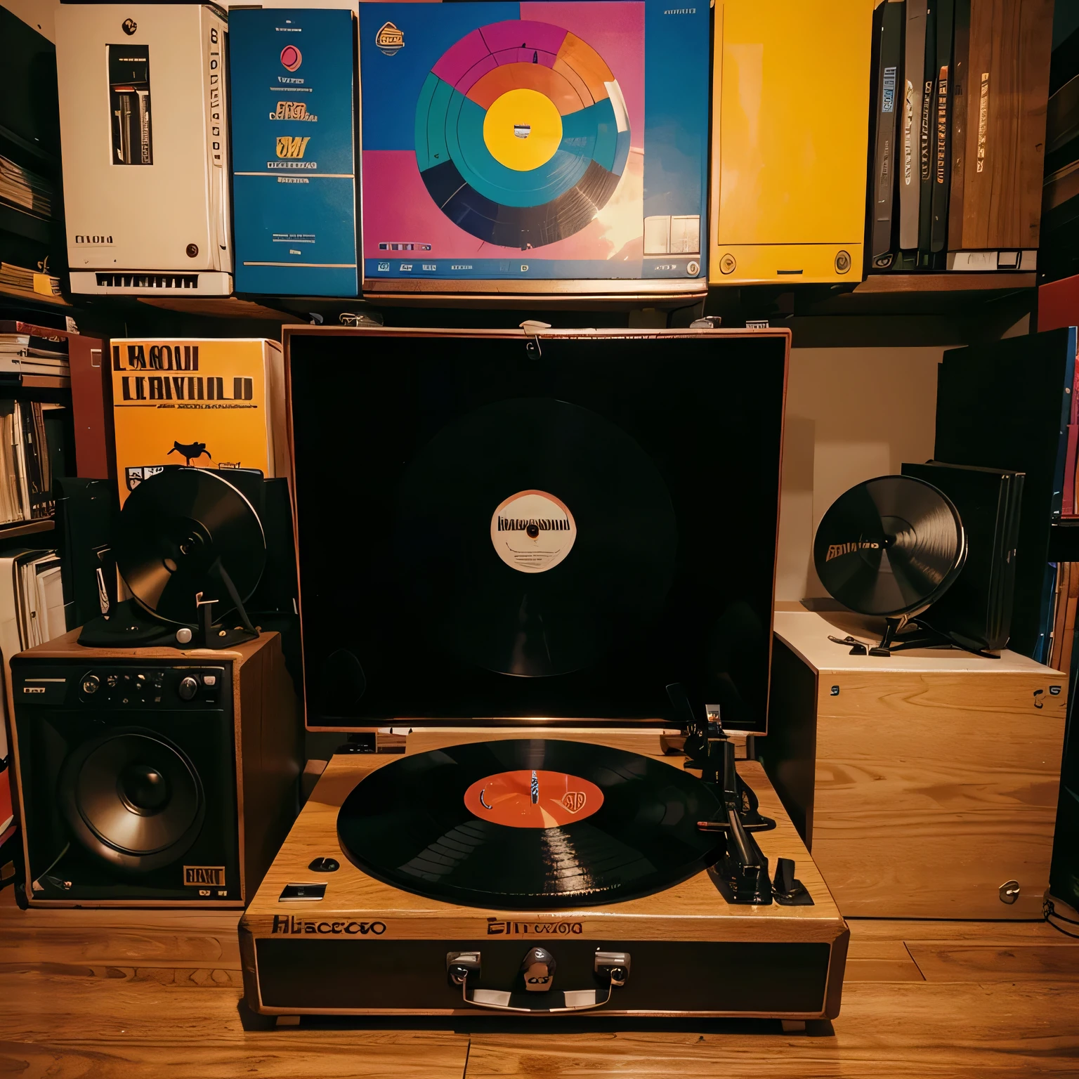 Un disco vinil siendo reproducido, surrounded by more music related elements with an art box in the left corner and in the upper right corner A.P escrito