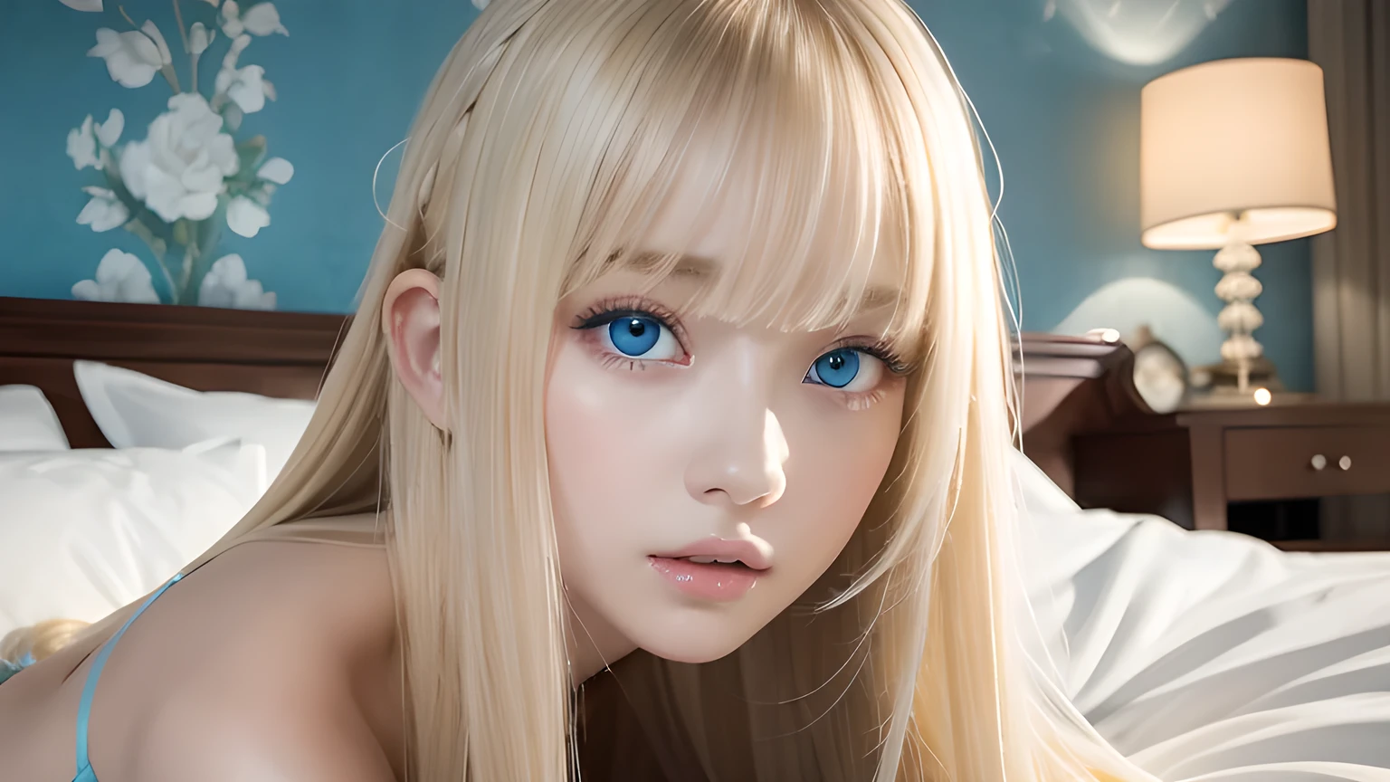 A very white and beautiful 20 year old blonde girl、masterpiece, highest quality, figure, Ultra-fine detail, Natural platinum blonde with a natural shine、Super long straight silky hair、Super long Rapunzel hair、disheveled bangs above the eyes,,、Bangs covering the face、High resolution, 8K TV Wallpaper, Perfect dynamic composition, Beautifully detailed large light blue eyes , Very big eyes、of hotel(bed)、Small Face Beauty、Round face、On all fours