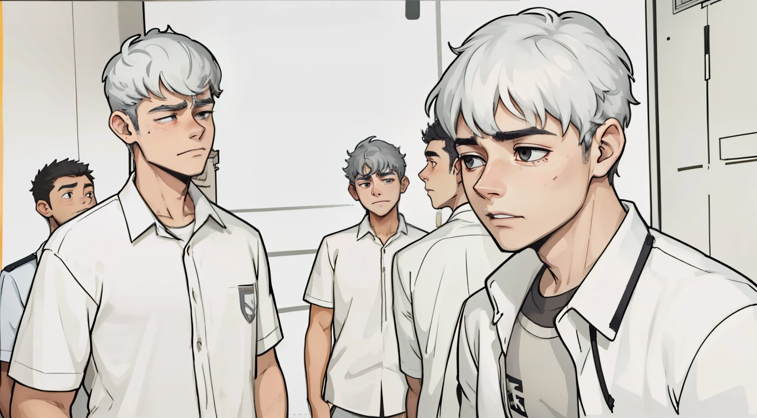 two male students, , gray hair, gray eyes, they are sad, they speak sadly.