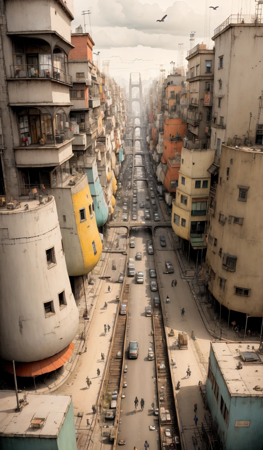 plano general, ((Obra maestra)),((mejor calidad)),((alto detalle)),((realista,)) Ciudad de la era industrial, Deep canyons in the middle, architectural streets, bazares, puentes, rainy days, steampunk, arquitectura europea, dramatic lighting, sombras intensas, textura arenosa, tall contrast, Colores vibrantes, dynamic pose