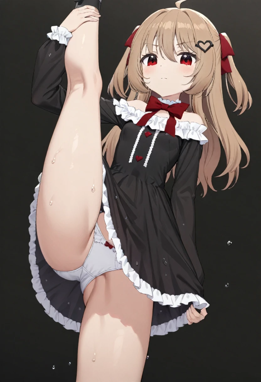 1girl, evil neuro-sama, (yuzu modoki), red eyes, light brown hair, ahoge, two side up, hair ribbon, dark red ribbon, heart hair ornament, black dress, frilled dress, off-shoulder dress, bare shoulders, frilled choker, long sleeves, red bow, red buttons, black heart, black socks, frilled socks, grey footwear, loafers, (masterpiece, best quality), highly detailed, finely detailed, wet, looking at viewer, see-through dress, covered nipples, underwear, cleavage, dress lift, collarbone, from below, simple background, extended upskirt, navel, stomach, split, standing split, 