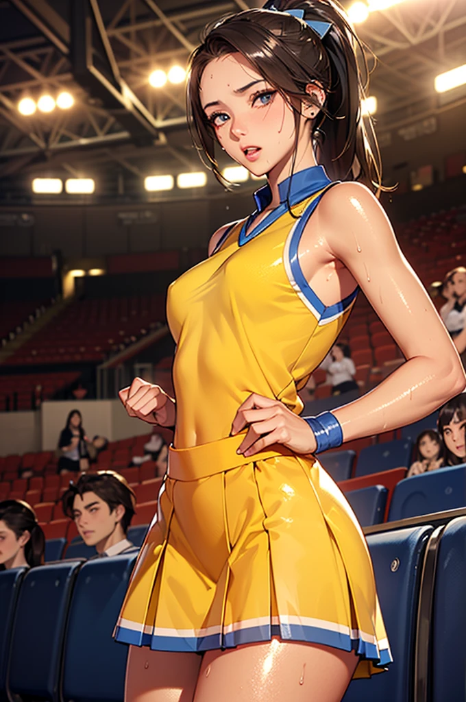 nsfw,((bdsm,black shackles:1.3,Lock)),((perfect anatomy,realistic,:1.3,RAW Photography:1.3,masterpiece、highest quality、Ultra - High resolution、High resolution、Highly detailed CG、8K)),cowboy shot,1 female,solo,20 year old beauty,((beautiful detailed face and eyes,big gorgeous eyes),dark brown eyes,open mouth,drooling,((brown hair,long hair,forehead,ponytail:1.2、straight hair)),(medium breasts,slender body,small head:1.3,skinny,tan skin,gleaming skin,oily skin,shiny skin,sweat:1.7),(((Cheerleader,blue Cheerleader uniform,love juice:1.3)),standing split:1.5,Audience seats、arena、large breasts