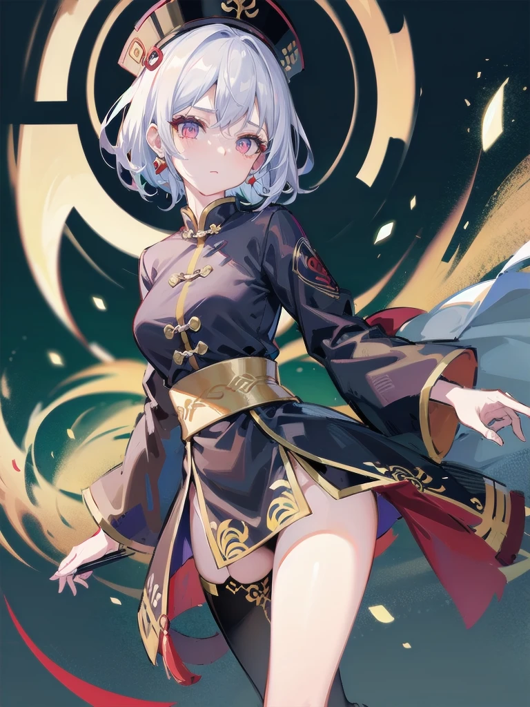 cemetery, dress, braid, chinese clothes, headwear, ofuda, jiangshi, qing guanmao, absurdres, RAW photo, extremely delicate and beautiful, masterpiece, Best Quality, ultra high resolution, 32k, hyperrealistic, ultra-detailed, detailed description, pale skin, 20 years old, tearful mole, earring, Colossal tits, short medium hair, wavy hair, whole body shot,