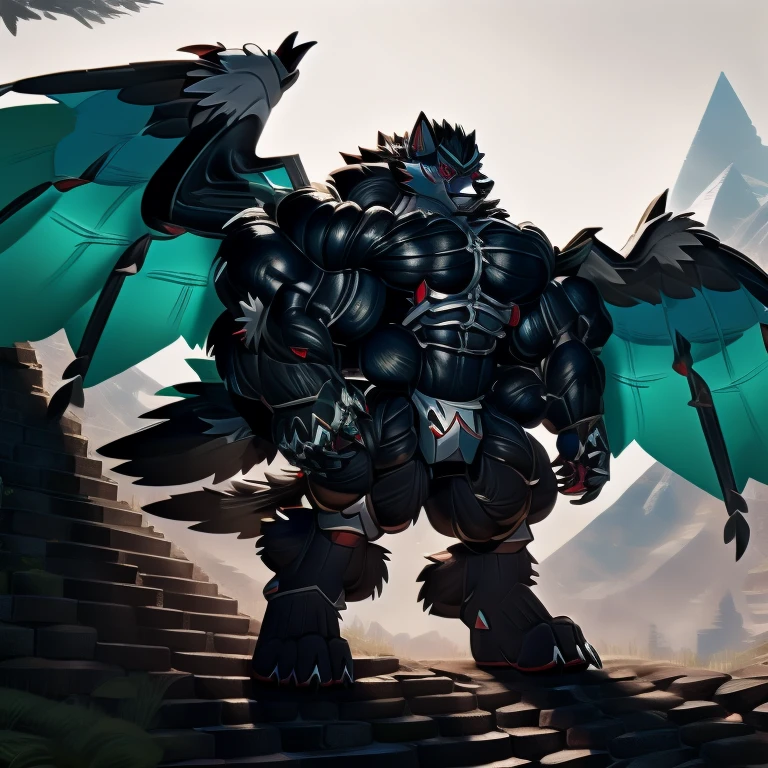 universe, LUCARIO, (gigantic muscles), 8K, Masterpiece, highres, future fiction. Detailed head, Detailed Body, full body, Detailed abs, wearing crNanosuit, big muscle (pecs, triceps, traps) unusually developed muscular body, body full of huge muscles. showing off muscles, pectorales enormes. Exaggeratedly huge muscles. Gigachad Muscular, gigantic muscles, Colossal giant NANOSUIT over a battlefield, The claws are sharp, Sharp teeth, Spread wings, have big wings. nj5furry, Animal paws, hyper penis (black color), long legs, wearing a tiny thong (metallic color: jet black thong)