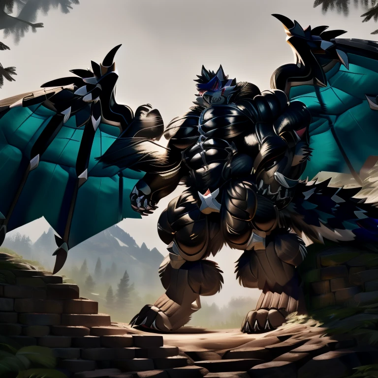(gigantic muscles), 8K, Masterpiece, highres, Detailed head, Detailed Body, full body, Detailed abs, wearing crNanosuit, big muscle (pecs, triceps, traps) unusually developed muscular body,
The claws are sharp, Sharp teeth, Spread wings, have big wings. nj5furry, Animal paws, castle,