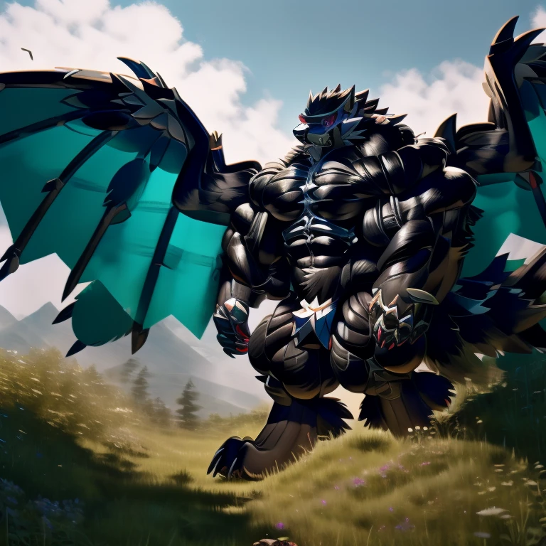 the universe, LUCARIO, (gigantic muscles), 8K, Masterpiece, highres, future fiction. Detailed head, Detailed Body, full body, Detailed abs, wearing crNanosuit, big muscle (pecs, triceps, traps) unusually developed muscular body, body full of huge muscles. showing off muscles, pectorales enormes. Exaggeratedly huge muscles. Gigachad Muscular, gigantic muscles, The claws are sharp, Sharp teeth, Spread wings, have big wings. nj5furry, Animal paws, hyper penis (black color), long legs,
