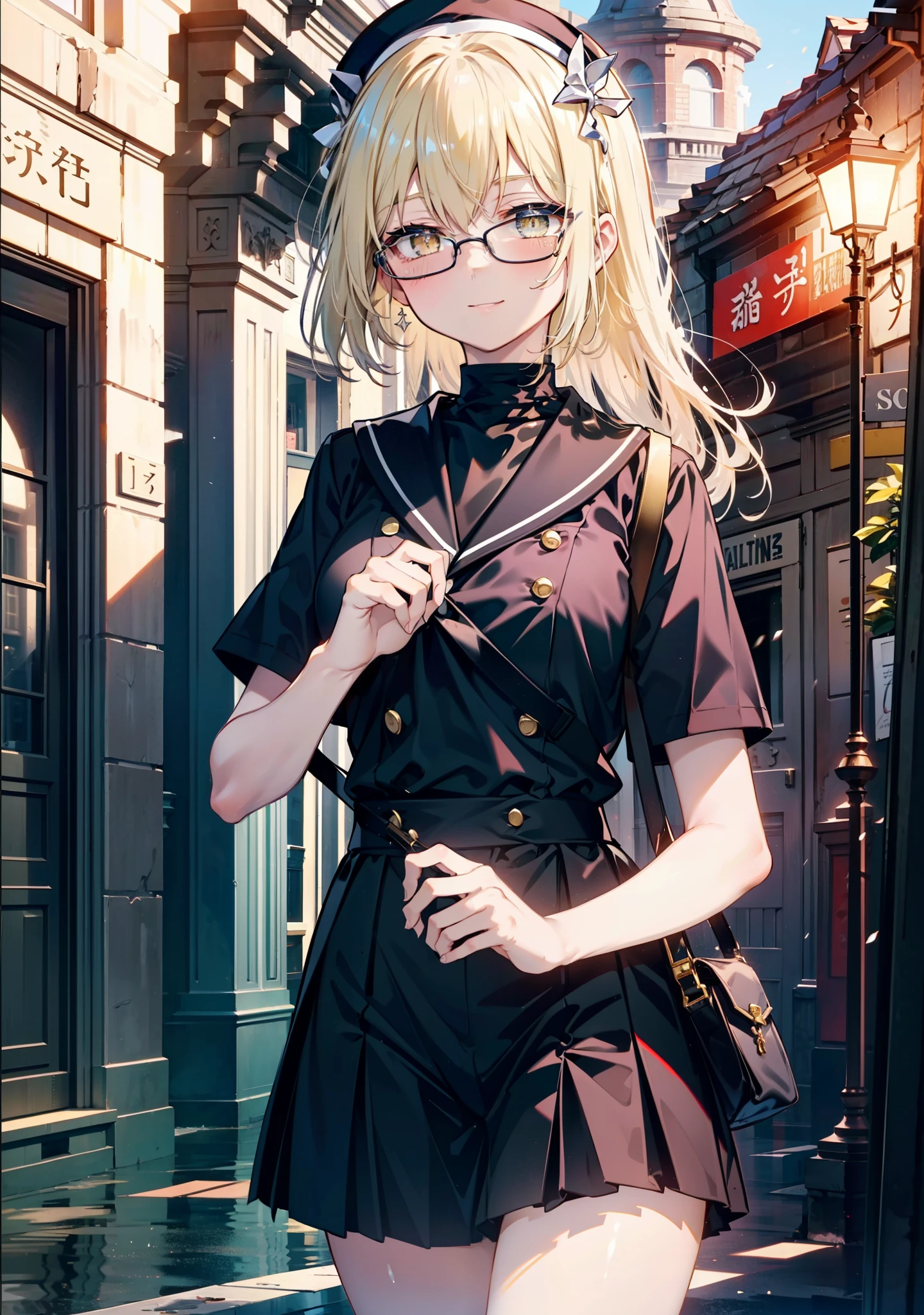 アイスWallenstein, Wallenstein, blonde, Hair between the eyes, Yellow headband, Long Hair, (Yellow Eyes:1.5),Black-rimmed glasses,happy smile, smile, shut up.,smile,blush,Black Sailor Suit,Black pleats,Short sleeve,Black socks,Brown Loafers,morning,morning陽,The sun is rising,whole bodyがイラストに入るように,Walking　　　　　　　 break looking at viewer, whole body, (Cowboy Shot:1.5), crowd, people々々　　　　　　　　　　break outdoors,In town,Building district,　　　　　　　　　　break (masterpiece:1.2), highest quality, High resolution, unity 8k wallpaper, (shape:0.8), (Beautiful and beautiful eyes:1.6), Highly detailed face, Perfect lighting, Highly detailed CG, (Perfect hands, Perfect Anatomy),