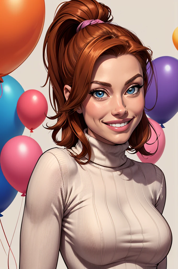 (cartoon style:1.2),  Drawings of ([Jessica Chastain|kelly ripa|Mila Kunis]), wearing a baggy turtleneck sweater, A big smile, perfect eyes, detailed face,  background, fun posing, flirty look, Hanabubuki, balloon