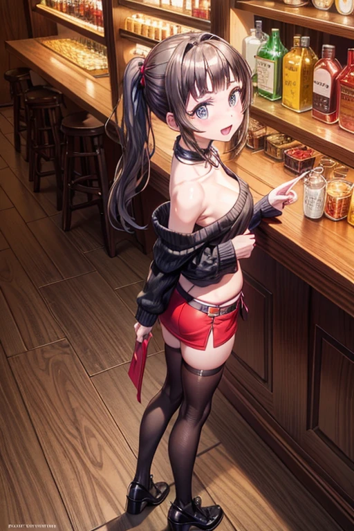 (from above:1.2),(from side:0.9), ((Face)), (Close-Up:0.4), masterpiece,"A 26-year-old girl stands at a bar counter. She is dressed in a stylish off-shoulder dress, sweater dress, off-shoulder sweater, red sweater,garter stocking, midriff, red skirts, black thighhighs, thigh strap, pretty girl, (highly detailed beautiful face and eyes,firm breasts),real skin,((black,hair,long pony tail hair)),thin pubic hair,cute and lovely pose, detailed eyes, This masterpiece is only visually stunning but also tells,(double breasted:0.6,under bust:0.6,cleavage:1.1,),(small breasts:1.2),(perky chest:1.1), (pointed chest:1.3), medium hips, glamorous body,(with sparkling eyes and a contagious smile),open mouth. The bar is beautiful, with colorful bottles of alcohol in the background and a soft glow from neon lights. The atmosphere is relaxed, and the girl looks confident and fashionable.",full body, sexy pose,make a cocktail , in a bar counter, Looking at Viewer,