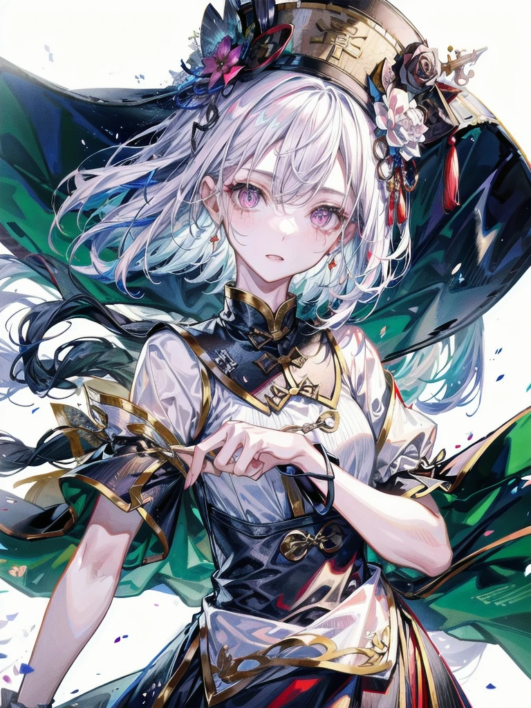 cemetery, dress, braid, chinese clothes, headwear, ofuda, jiangshi, qing guanmao, absurdres, RAW photo, extremely delicate and beautiful, masterpiece, Best Quality, ultra high resolution, 32k, hyperrealistic, ultra-detailed, detailed description, pale skin, 20 years old, tearful mole, earring, Colossal tits, short medium hair, wavy hair, whole body shot,