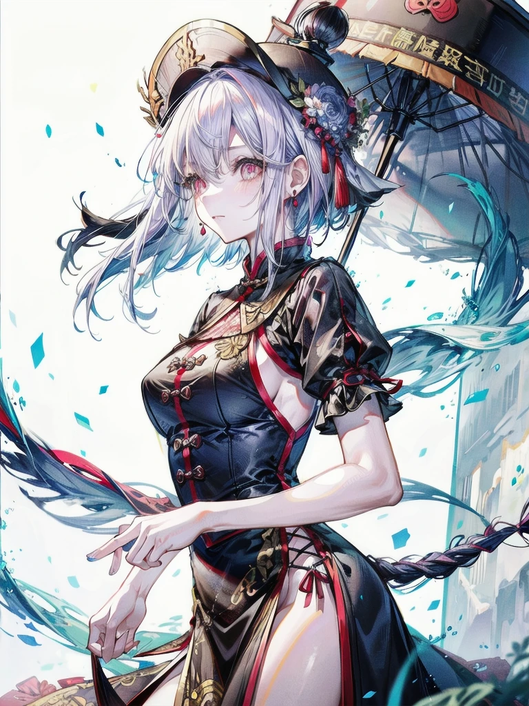 cemetery, dress, braid, chinese clothes, headwear, ofuda, jiangshi, qing guanmao, absurdres, RAW photo, extremely delicate and beautiful, masterpiece, Best Quality, ultra high resolution, 32k, hyperrealistic, ultra-detailed, detailed description, pale skin, 20 years old, tearful mole, earring, Colossal tits, short medium hair, wavy hair, whole body shot,