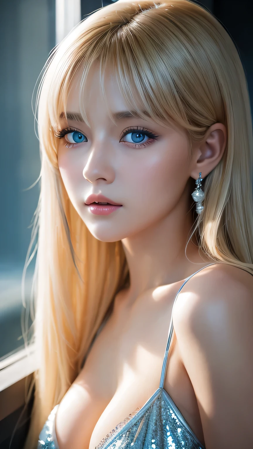 highest quality、8K Masterpiece、Ultra-high resolution、(Realistic:1.3)、RAW Photos、14 year old girl of Scandinavian descent with shiny blonde hair、Silvery blonde hair、Super long straight hair、Bangs between the eyes、Hair above the eyes、片Hair above the eyes、Hair between the eyes、White and lustrous skin、1. Cyberpunk Super Beautiful Soldier、((Ultra-Realistic Details))、Portraiture、Global Illumination、Shadow Realm、Octane Rendering、8K、Super sharp、Beautiful breasts、Bare skin in the cleavage is exposed、Metal、Cold colors、、Very intricate details、Realistic Light、CG Association Trends、Very beautiful, large light blue eyes、Very big eyes、Eyes shining towards the camera、Neon Details、Small Face Beauty、Round face、Cheek highlight