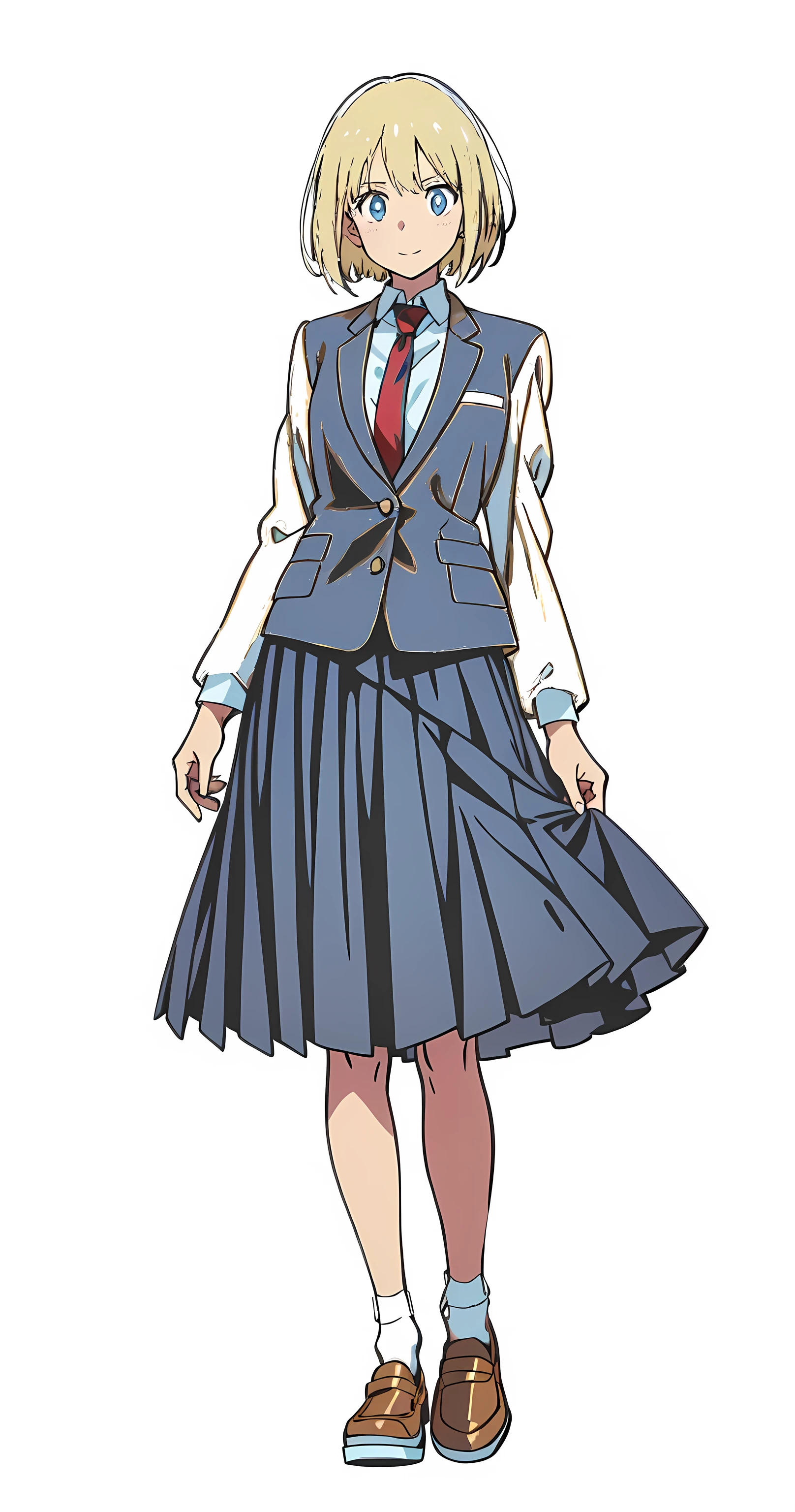 (cheerful:1.0), (white background:1.0), (best quality:1.0), (masterpiece:1.0), (super fine illustration:1.0), (beautiful artwork:1.0), (anime screencap:1.0), (official art:1.0), (solo:1.0), (european:1.0), (a 18yo cute girl:1.0), (long skirt:1.0), (blue skirt:1.0), (pleated skirt:1.0), (blue waistcoat:1.0), (white long sleeve collared shirt:1.0), (red necktie:1.0), (loafers:1.0), (white socks:1.0), (ideal ratio body proportions:1.0), (lanky:1.0), (tall:1.0), (slender:1.0), (small breasts:1.0), (smaller face:1.0), (detailed beautiful eyes:1.0), (detailed beautiful face:1.0), (glowing blue eyes:1.0), (bob cut:1.0), (swept bangs:1.0), (blonde hair:1.0), (standing:1.0), (looking at viewer:1.0)