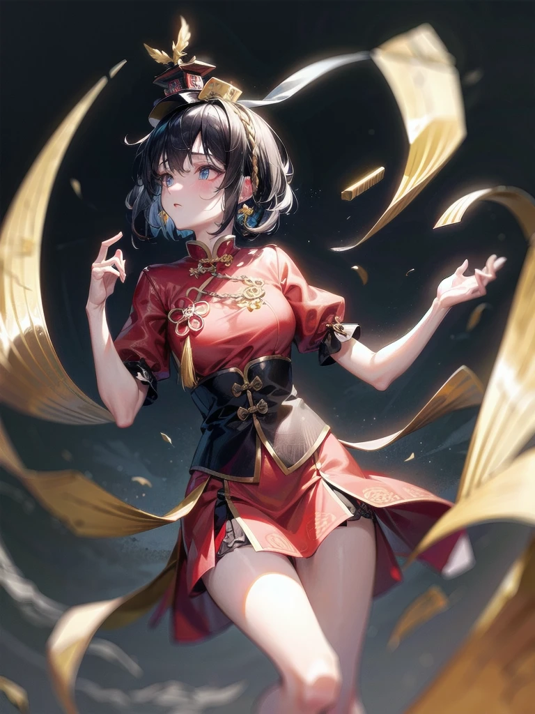 cemetery, dress, braid, chinese clothes, headwear, ofuda, jiangshi, qing guanmao, absurdres, RAW photo, extremely delicate and beautiful, masterpiece, Best Quality, ultra high resolution, 32k, hyperrealistic, ultra-detailed, detailed description, pale skin, 20 years old, tearful mole, earring, Colossal tits, short medium hair, wavy hair, whole body shot,