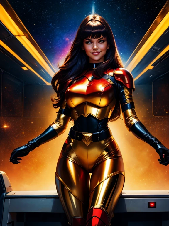 Best Quality oil paint art, Beautiful Vintage Space Woman, cabelo liso preto,bangs, Looking at Viewer, SHY SMILE,metallic Ultra shiny cramped red armor, adjusting high-tech gloves,tech belt, thighs and knee, spaceship battle scenery, golden lights