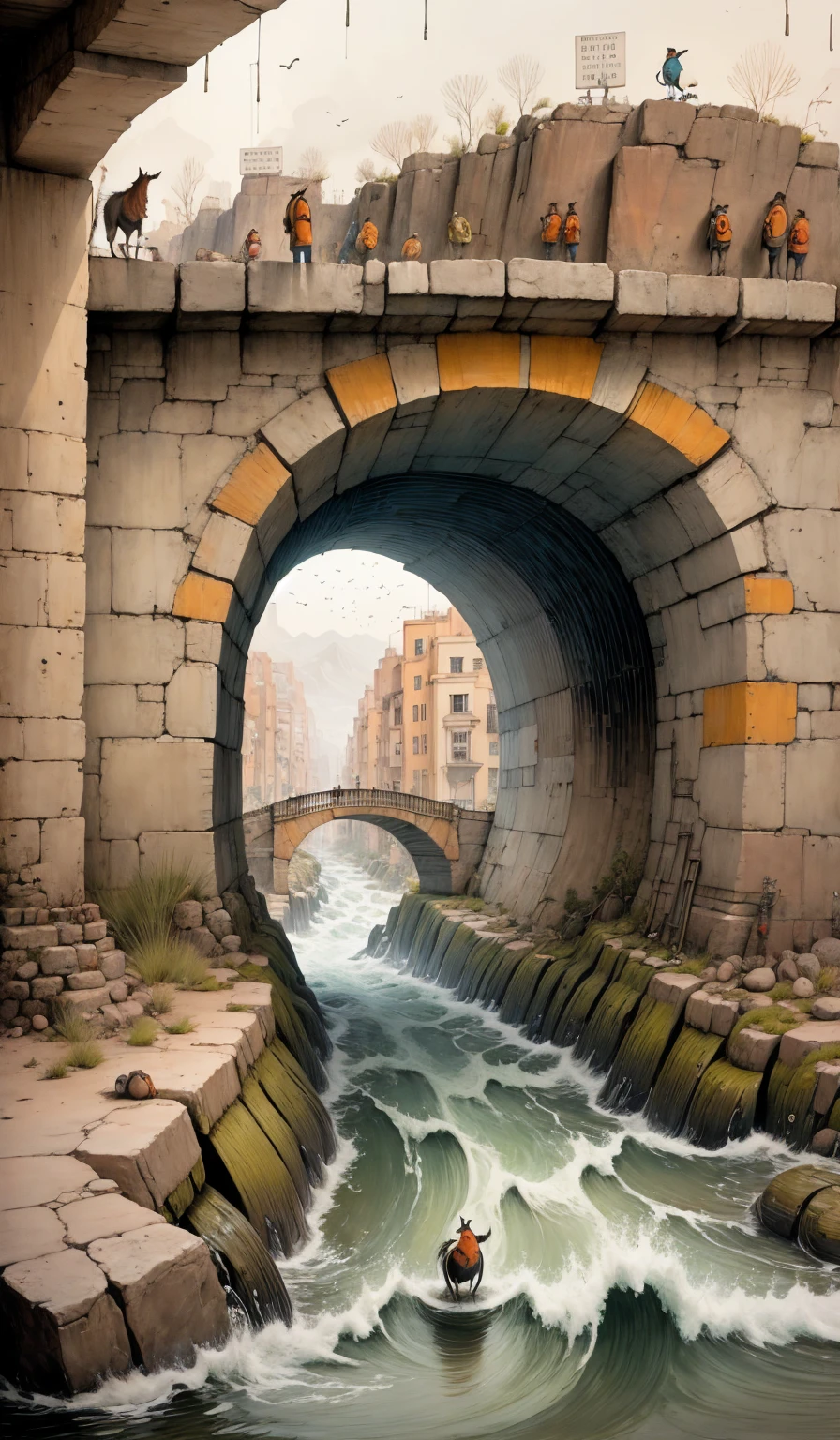 plano general, ((Obra maestra)),((mejor calidad)),((alto detalle)),((realista,)) Ciudad de la era industrial, construcciones sobre los acantilados, puentes colgantes,Deep canyons in the middle, architectural streets, bazares, puentes, rainy days, steampunk, arquitectura europea, dramatic lighting, sombras intensas, textura arenosa, tall contrast, Colores vibrantes, dynamic pose