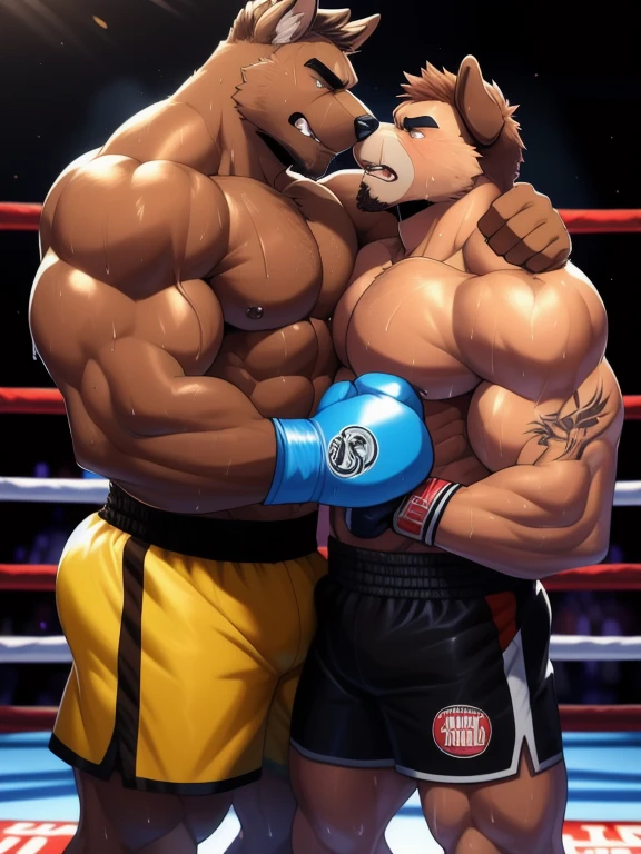 Duo male fighters(Brown Dog vs Brown Dog, handsomes, perfect eyes, Thick eyebrows), beso gay(They are hugging each other around their necks after of finish a boxing match), hot(Full body, Shirtless), handsomes(They are handsomes, correct anatomy), musculosos(Big muscle bodies, Six packs, muscle abs, big pecs, muscle legs, muscle backs), sweaty(very sweaty wet bodies, shiny sweat), tatuajes(they have tattoos), Angry(They have an angry expression), Boxing gloves(They both are wearing boxing gloves), Shorts(They are wearing black boxing shorts), Hight resolution 