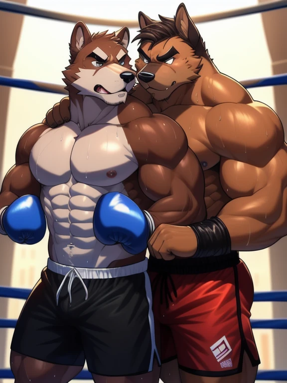 Duo male fighters(Brown Dog vs Brown Dog, handsomes, perfect eyes, Thick eyebrows), beso gay(They are hugging each other around their necks after of finish a boxing match), hot(Full body, Shirtless), handsomes(They are handsomes, correct anatomy), musculosos(Big muscle bodies, Six packs, muscle abs, big pecs, muscle legs, muscle backs), sweaty(very sweaty wet bodies, shiny sweat), tatuajes(they have tattoos), Angry(They have an angry expression), Boxing gloves(They both are wearing boxing gloves), Shorts(They are wearing black boxing shorts), Hight resolution 