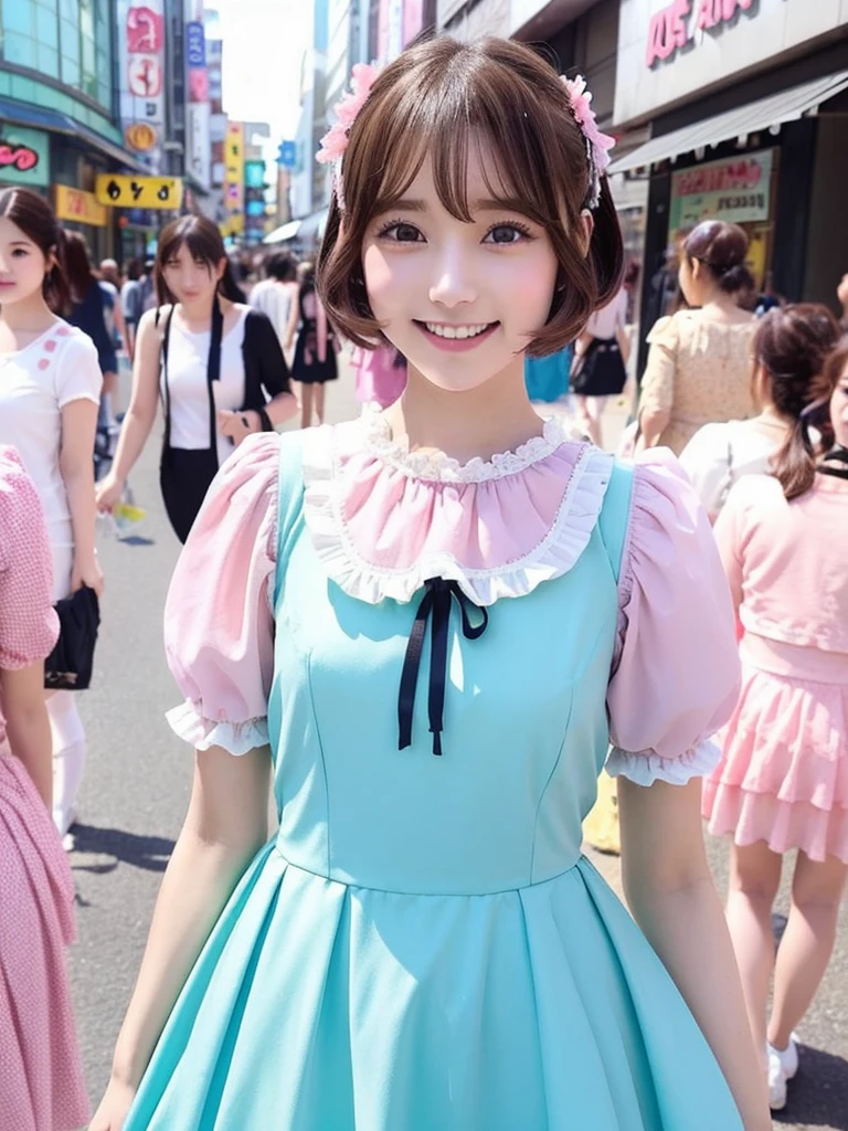 1 girl, alone, (short hair), Japanese Idols, Perfect figure, Beautiful eyes Double eyelids, ta Fashion, Colorful pastel color clothes, Downtown like Harajuku, smile, Upper Body, Blowing the wind, Because I'm Slim,White knee-high socks,(whole body:1.5),(Big Breasts:1.5),(Clothes that accentuate the shape of the breasts:1.5)