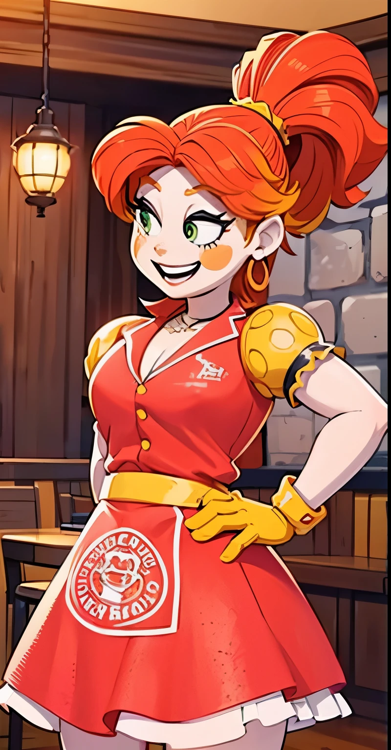 Anime, cartoon, best quality, 4k, 8k, high resolution, masterpiece: 1.2), Dinámic pose, ultra detailed, leaning forward, (highly detailed: 1.2), (detailed face: 1.2), (detailed background ), waitress, slim, round gold earrings, pizzeria restaurant waitress, 1 robot girl, pale skin, facing camera, black bracelets, green eyes, alone, looking at viewer, red hair, short neckline, ponytail hairstyle, eyeliner, makeup, big smile, big eyes, big long skirt , Red dress, yellow scarf on the neck, yellow dots on the shoulders, orange faded hair, red gloves