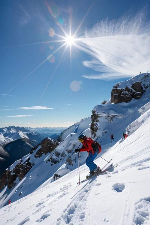 Skier descending a mountain with white snow and blue sky