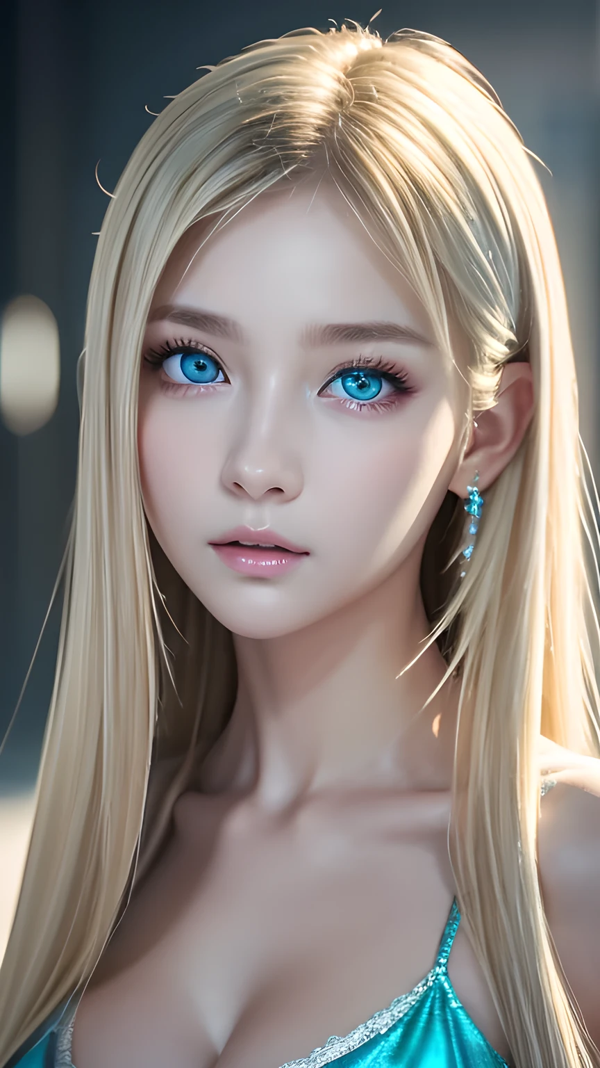 highest quality、8K Masterpiece、Ultra-high resolution、(Realistic:1.3)、RAW Photos、 girl of Scandinavian descent with shiny blonde hair、Silvery blonde hair、Super long straight hair、Bangs between the eyes、Hair above the eyes、片Hair above the eyes、Hair between the eyes、White and lustrous skin、1. Cyberpunk Super Beautiful Soldier、((Ultra-Realistic Details))、Portraiture、Global Illumination、Shadow Realm、Octane Rendering、8K、Super sharp、Beautiful breasts、Bare skin in the cleavage is exposed、Metal、Cold colors、、Very intricate details、Realistic Light、CG Association Trends、Very beautiful, large light blue eyes、Very big eyes、Eyes shining towards the camera、Neon Details、Small Face Beauty、Round face、Cheek highlight