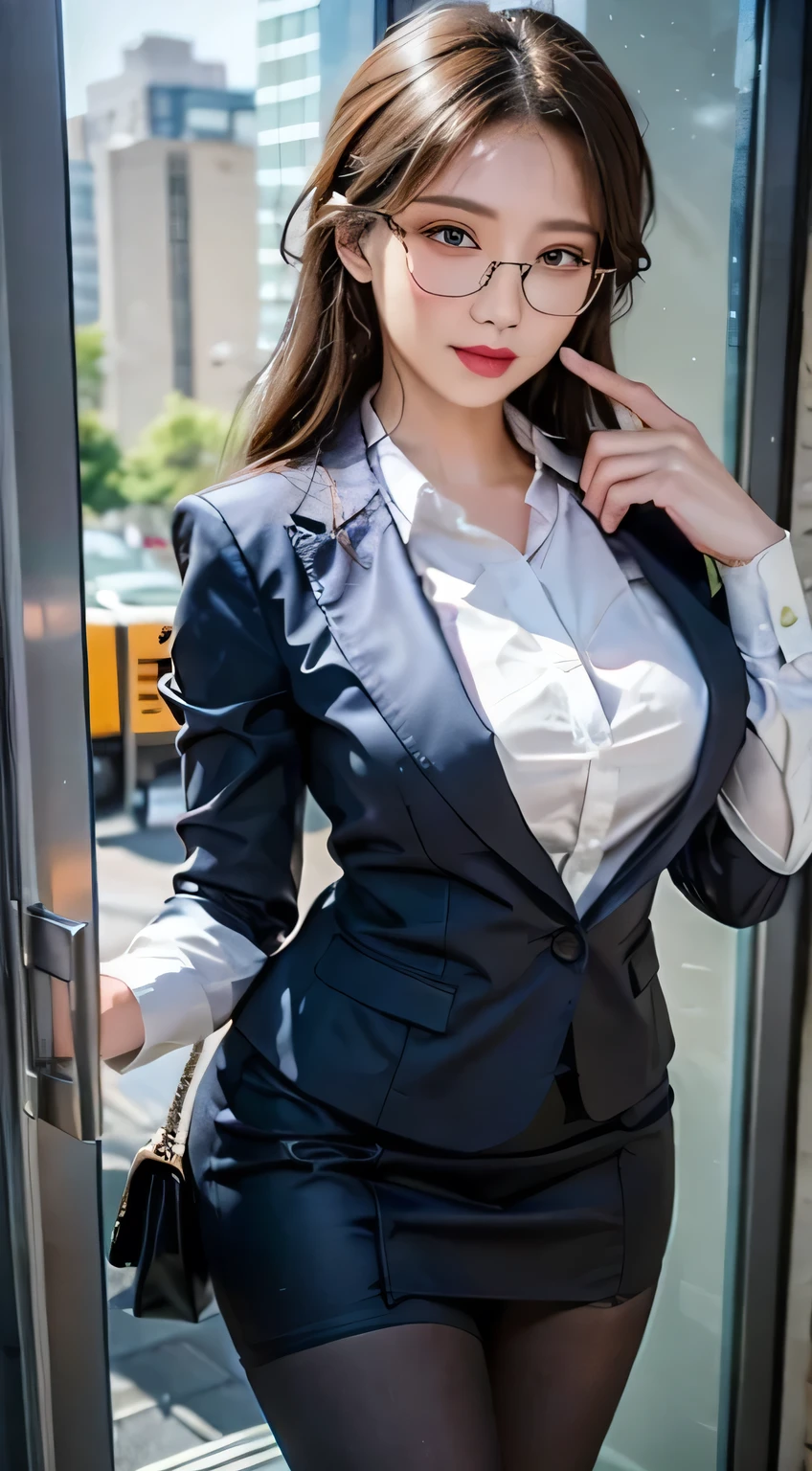 A woman around 30 years old,, Shooting from the sky, White skin, Glowing Skin, Wear a blazer,Black Lens Stockings, Lace Lingerie Big Tits. High heels, Hair is clean and neat. Her face is delicate, Show off your beautiful eyes, lips, Perfect Fingers. This woman has a perfectly anatomically correct body.. watch,.Wear a ring and glasses Wear pantyhose、 Girl in a shirt,, Business Attire, Wearing a black suit, Wear a shirt and skirt, Woman in a suit, business suit, business attire, RAW Photos, (8k、highest quality、masterpiece:1.2)、(Intricate details:1.4)、(Photorealistic:1.4)、Octane Rendering、Complex 3D rendering with ultra-detail, Studio Soft Light, Rim Light, Vivid details, Super Detail, Realistic skin texture, Detail Makeup, Beautiful details in the eyes, Very detailed