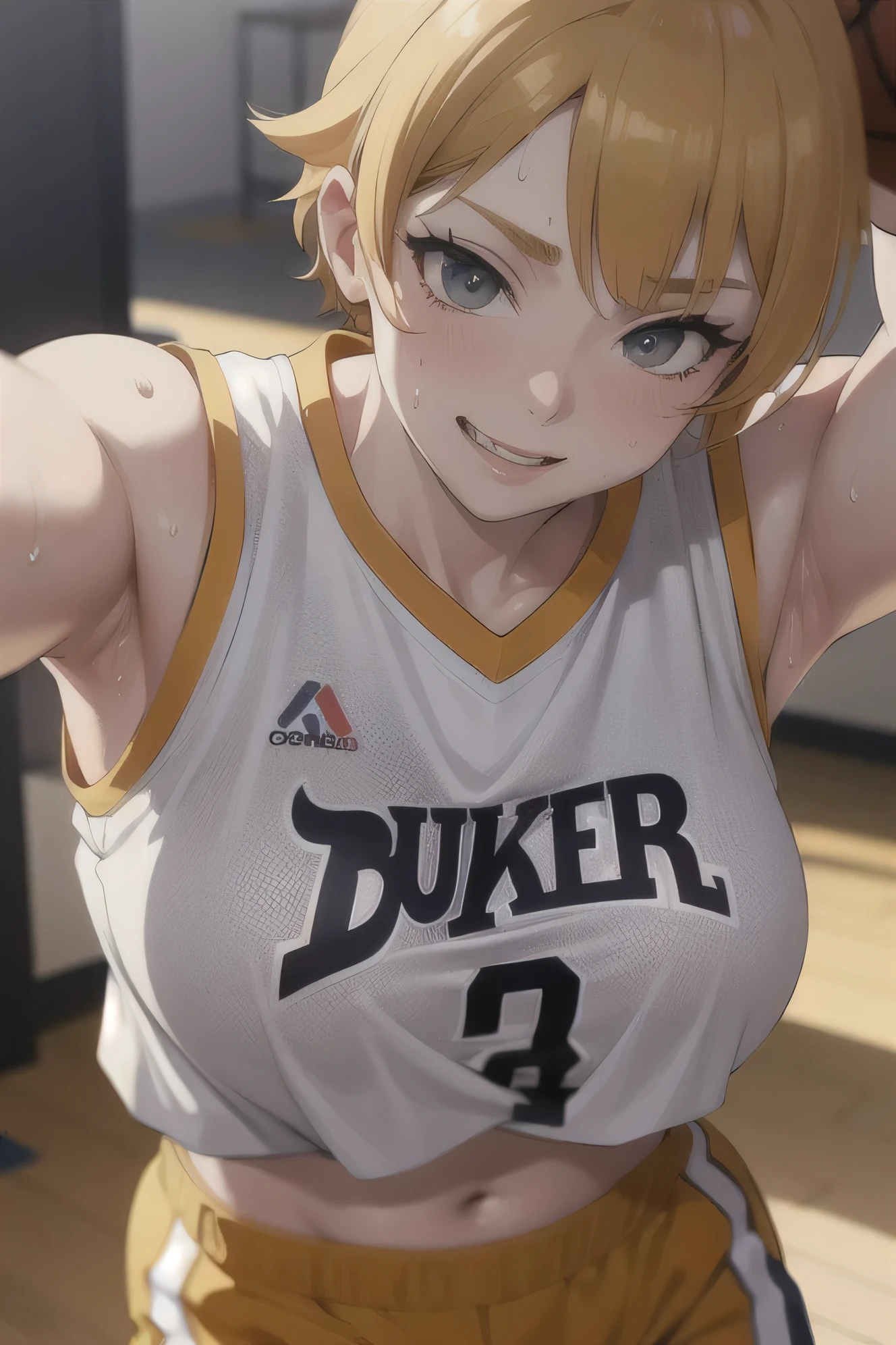 a close up of a person wearing a basketball uniform, a picture, inspired by Kentaro Miura, trending on pixiv, Kugisaki Nobara, Jujutsu Kaisen, wearing yellow nba jersey, yellow croptop nba jersey, wearing a low cut croptop, wearing croptop, croptop, golden raito, (winking), shirobako, large)}], favorite scene, fine details. anime. skins, sweating, big breasts, both hands raised, armpits, armpits visible, dripping with sweat, more more sweat, sweaty armpits, she face is excited, wearing basketball shoes