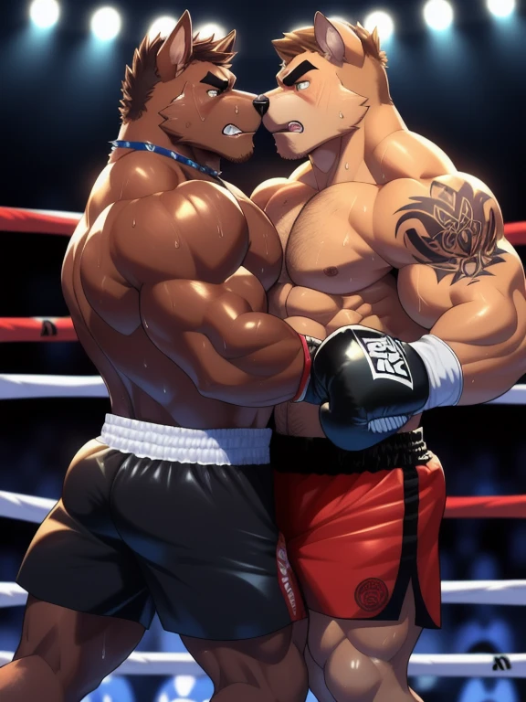 Duo male fighters(Brown Dog vs Brown Dog, handsomes, perfect eyes, Thick eyebrows), beso gay(They are hugging each other around their necks after of finish a boxing match), hot(Full body, Shirtless), handsomes(They are handsomes, correct anatomy), musculosos(Big muscle bodies, Six packs, muscle abs, big pecs, muscle legs, muscle backs), sweaty(very sweaty wet bodies, shiny sweat), tatuajes(they have tattoos), Angry(They have an angry expression), Boxing gloves(They both are wearing boxing gloves), Shorts(They are wearing black boxing shorts), Hight resolution 