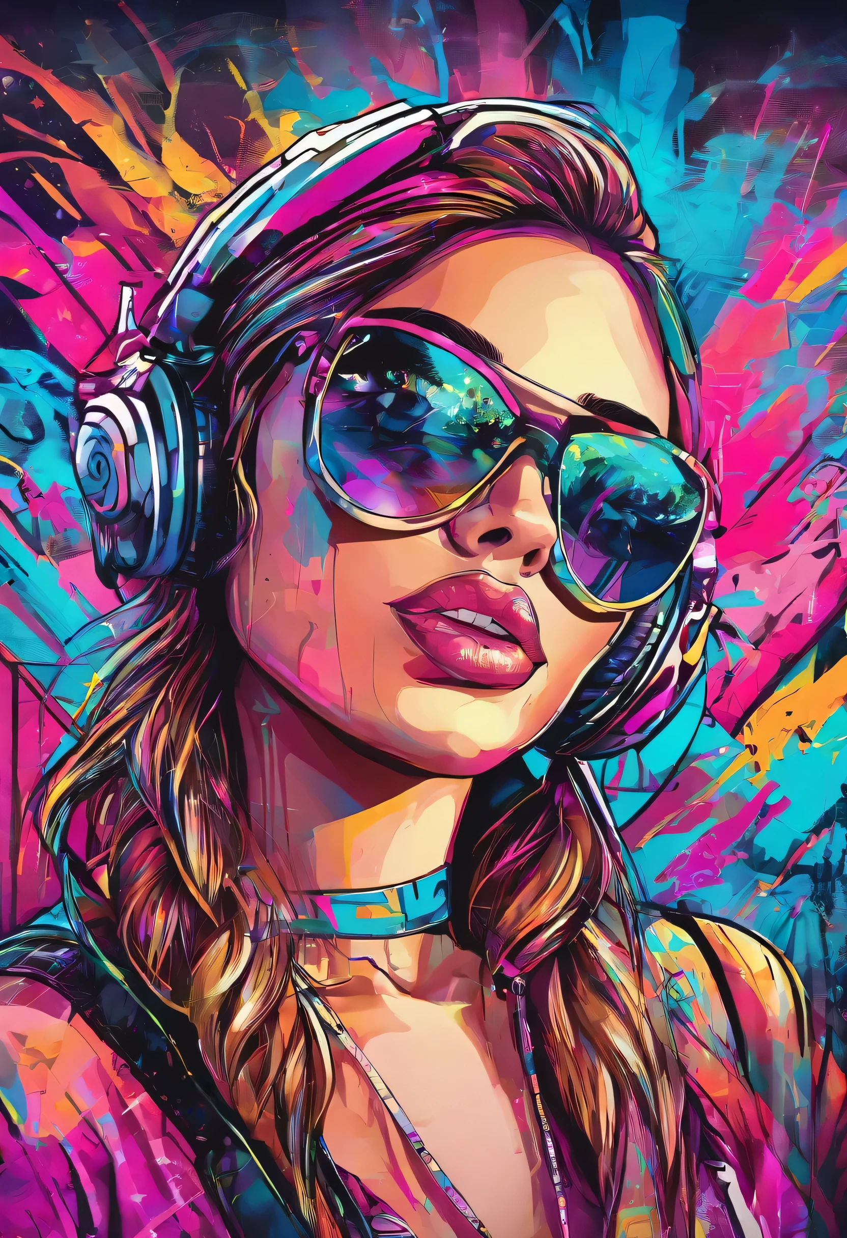 1girl, colorful theme, synthwave sky,(best quality, high quality, high resolution), realistic, ultra-detailed, highly detailed face features, absurdres, realistic lighting and reflections, highly detailed face features, see through shirt, best photo,high quality illustration
