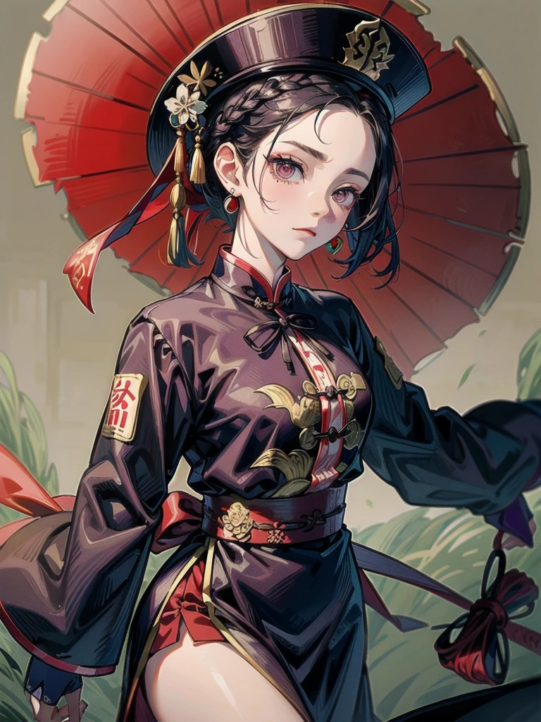 cemetery, dress, braid, chinese clothes, headwear, ofuda, jiangshi, qing guanmao, absurdres, RAW photo, extremely delicate and beautiful, masterpiece, Best Quality, ultra high resolution, 32k, hyperrealistic, ultra-detailed, detailed description, pale skin, 20 years old, tearful mole, earring, Colossal tits, short medium hair, wavy hair, whole body shot,