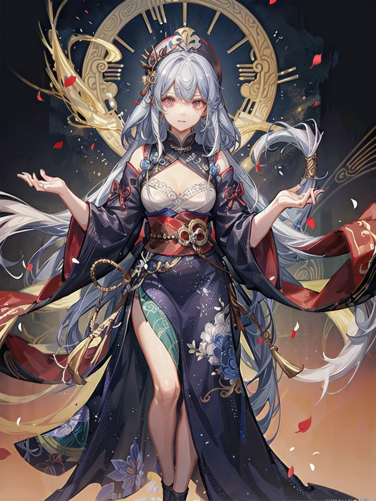 cemetery, dress, braid, chinese clothes, headwear, ofuda, jiangshi, qing guanmao, absurdres, RAW photo, extremely delicate and beautiful, masterpiece, Best Quality, ultra high resolution, 32k, hyperrealistic, ultra-detailed, detailed description, pale skin, 20 years old, tearful mole, earring, Colossal tits, short medium hair, wavy hair, whole body shot,