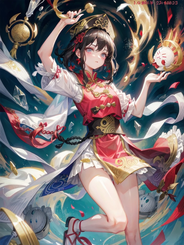 cemetery, dress, braid, chinese clothes, headwear, ofuda, jiangshi, qing guanmao, absurdres, RAW photo, extremely delicate and beautiful, masterpiece, Best Quality, ultra high resolution, 32k, hyperrealistic, ultra-detailed, detailed description, pale skin, 20 years old, tearful mole, earring, Colossal tits, short medium hair, wavy hair, whole body shot,